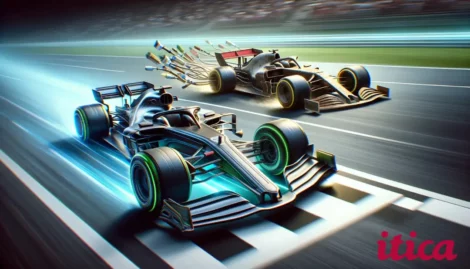 Obrázek zobrazující dva vozy Formule 1 v závodě směrem k symbolické cílové čáře, představující budoucnost pokročilé výroby. Jeden z vozů F1 by měl ztělesňovat modernost, vyznačovat se špičkovou technologií a vysoce výkonnými pneumatikami, zatímco druhý by měl představovat zastaralý model s koly a pneumatikami vyrobenými z papíru, který předvádí své rezavé a pomalé vlastnosti. Zdůrazněte výrazný náskok moderního vozidla v závodě.